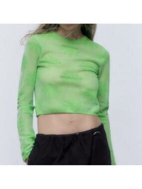 Zara mesh floral knit Metallic Effect Long sleeve neon green sweater top Sz S